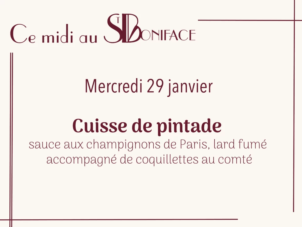 Cuisse de pintade sauce aux champignons de Paris, lard fumé accompagné de coquillettes au comté