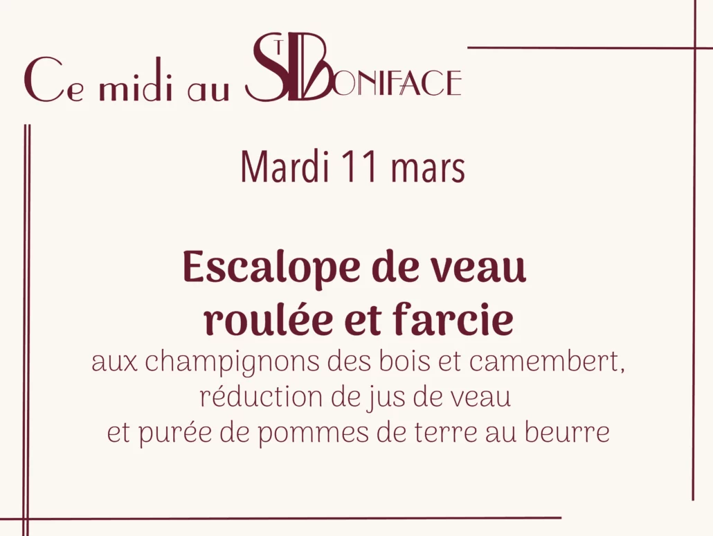 Escalope de veau roulée et farcie aux champignons des bois et camembert, réduction de jus de veau et purée de pommes de terre au beurre