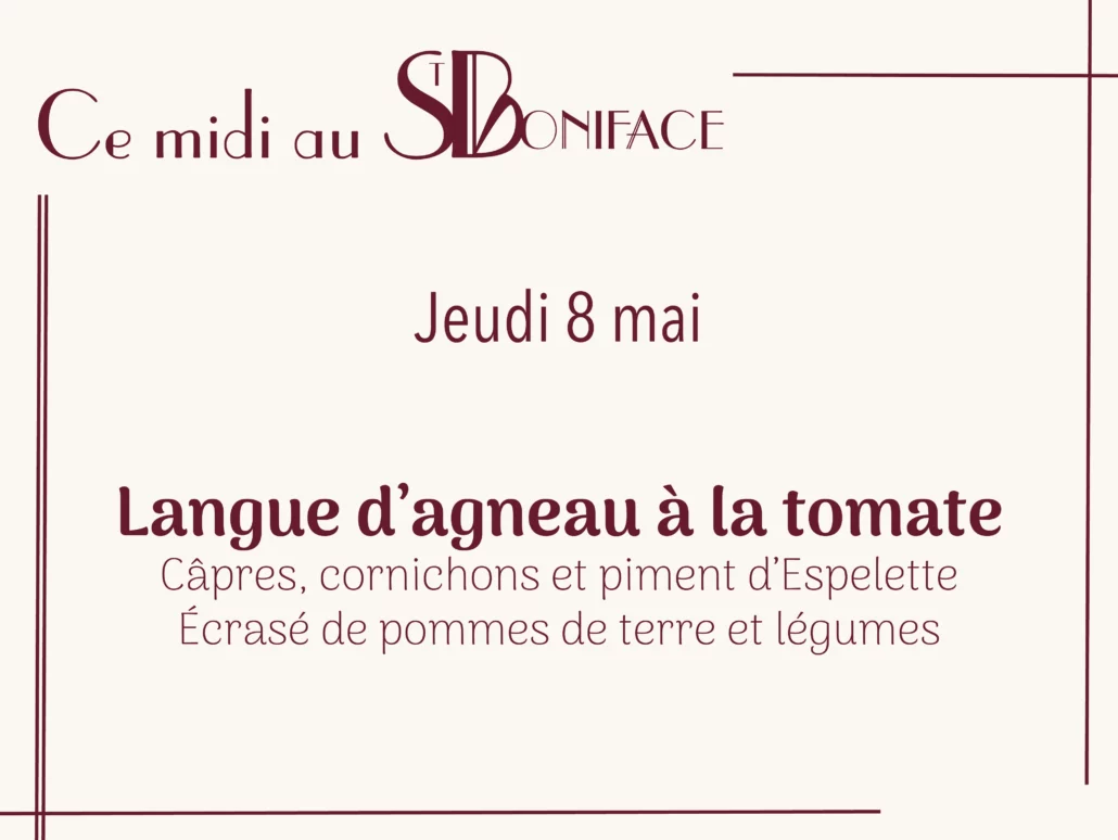 Langue d’agneau à la tomate, câpres, cornichons et piment d’Espelette, écrasé de pommes de terre et légumes - 19€