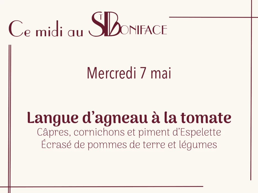 Langue d’agneau à la tomate, câpres, cornichons et piment d’Espelette, écrasé de pommes de terre et légumes
