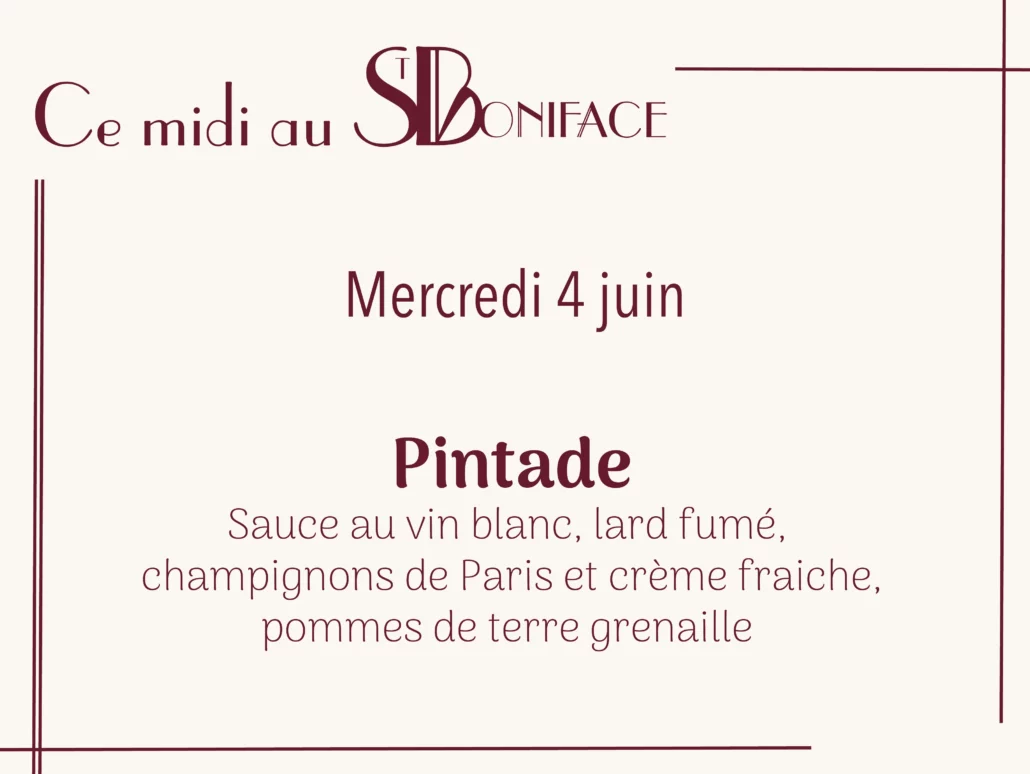 Pintade, sauce au vin blanc, lard fumé, champignons de Paris et crème fraiche, pommes de terre grenaille