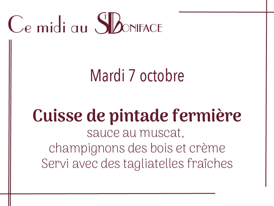Cuisse de pintade fermière, sauce au muscat, champignons des bois et crème, servi avec des tagliatelles fraîches
