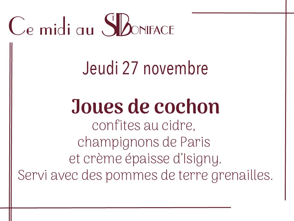 Joues de cochon confites au cidre, champignons de Paris et crème épaisse d’Isigny, servi avec des pommes de terre grenailles.
