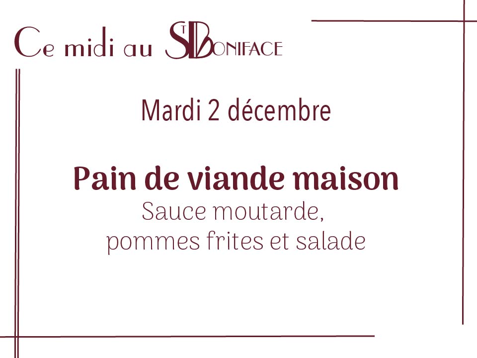 Pain de viande maison, sauce moutarde, pommes frites et salade