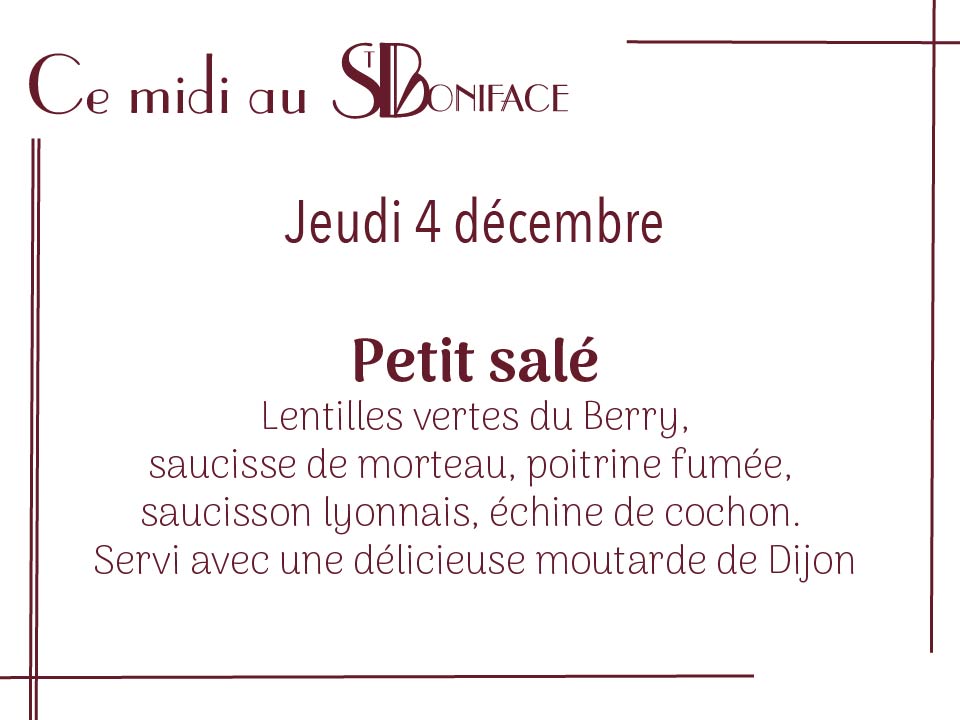 Petit salé, lentilles vertes du Berry, saucisse de Morteau, poitrine fumée, saucisson lyonnais, échine de cochon. servi avec une délicieuse moutarde de Dijon