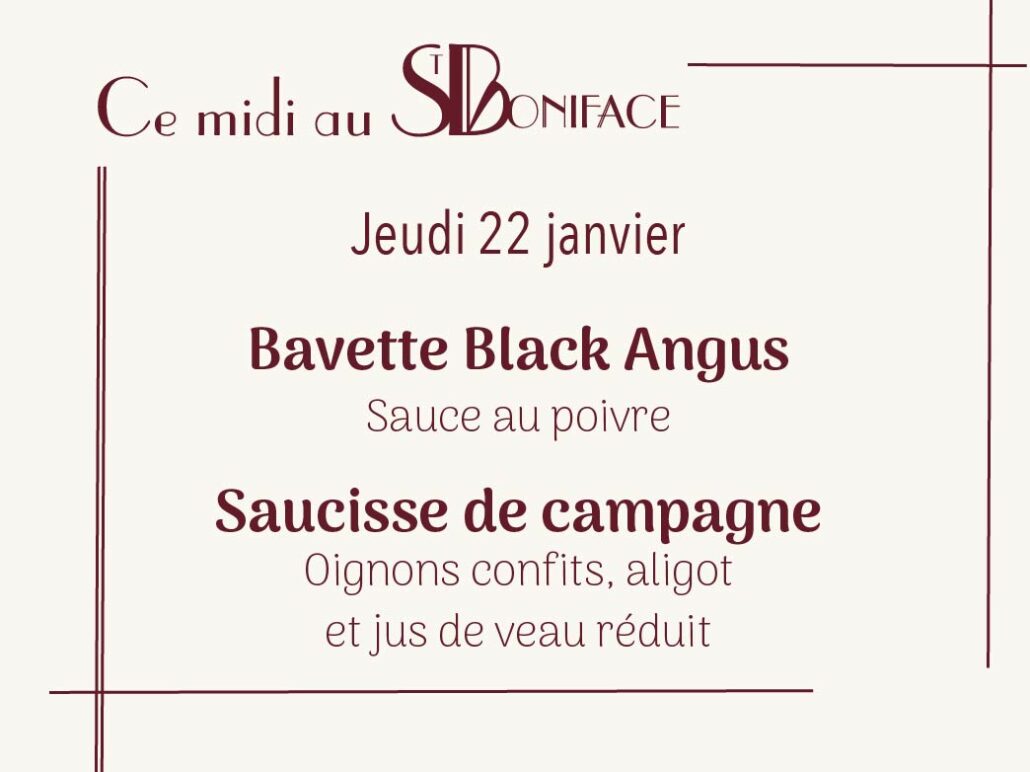 Bavette Black Angus, sauce au poivre ou saucisse de campagne, oignons confits, aligot et jus de veau réduit