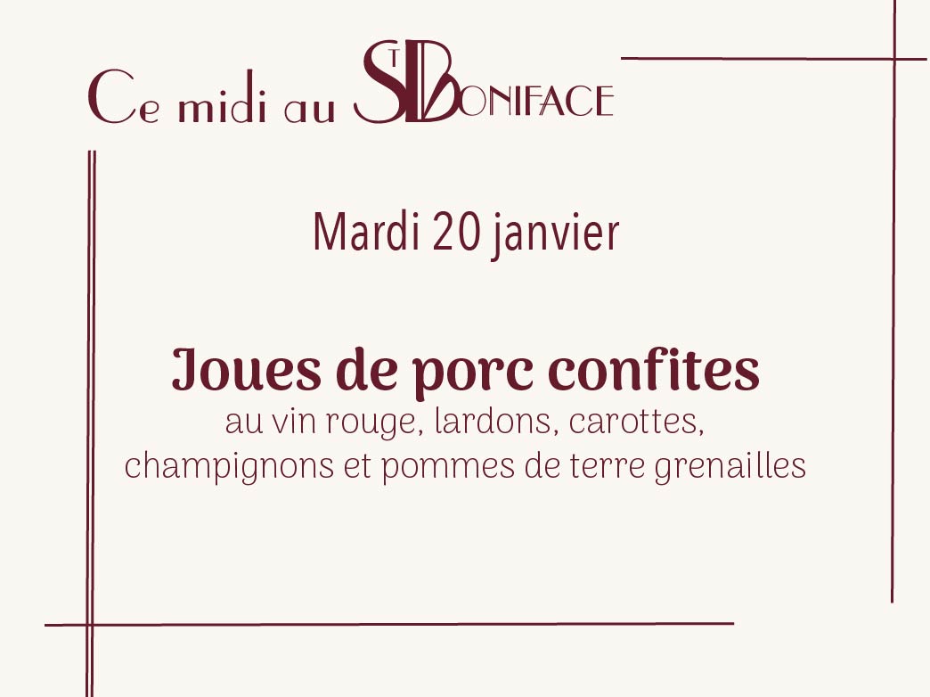 Plat du 20 janvier : Joues de porc confites au vin rouge – 17 euros